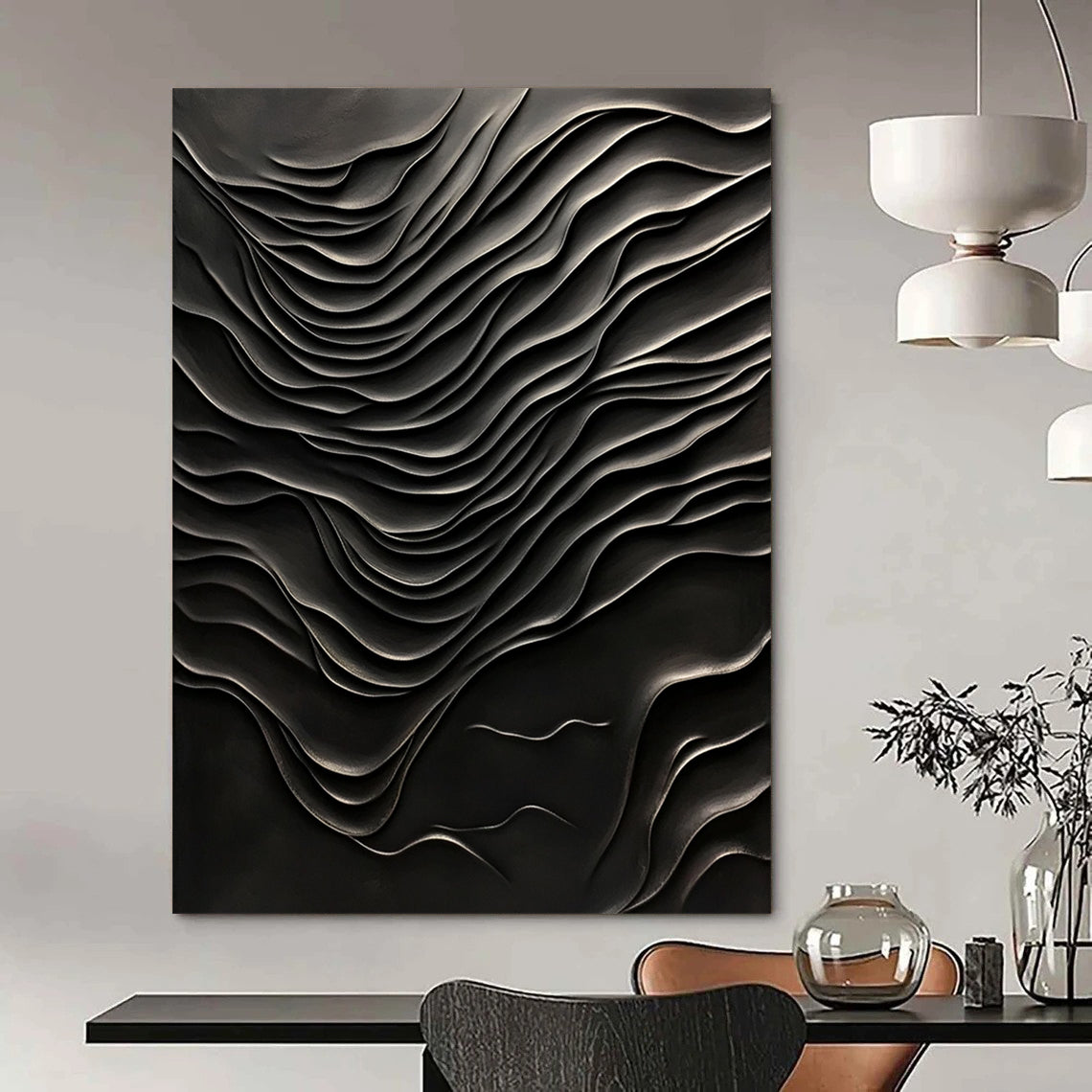 Contemporary hand-painted abstract artwork featuring a dark textured wall with wave-like patterns, evoking deep emotions and hidden depths. DLZ1240