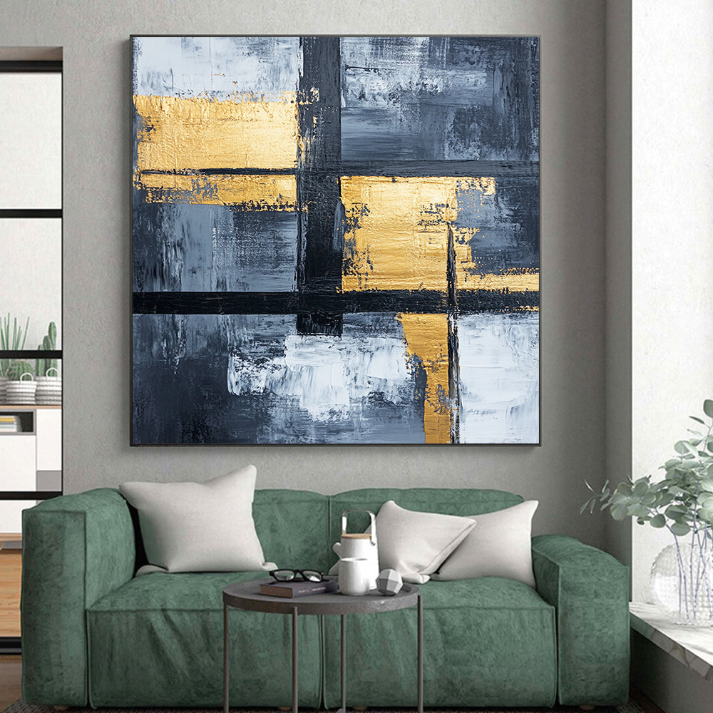 Gray, White, Gold, Black, Geometric Crosses "Gilded Grid Crossroads" Abstract Modernist Painting On Canvas HB151
