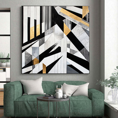 Black, White, Gray, Gold, Geometric Collage "Gilded Geometry Mosaic" Abstract Cubist - Inspired Painting On Canvas HB111