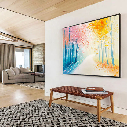 “Pastel Forest Pathway” - Dreamy path lined with pink and yellow trees, Impressionist Landscape Painting On Canvas HB0538