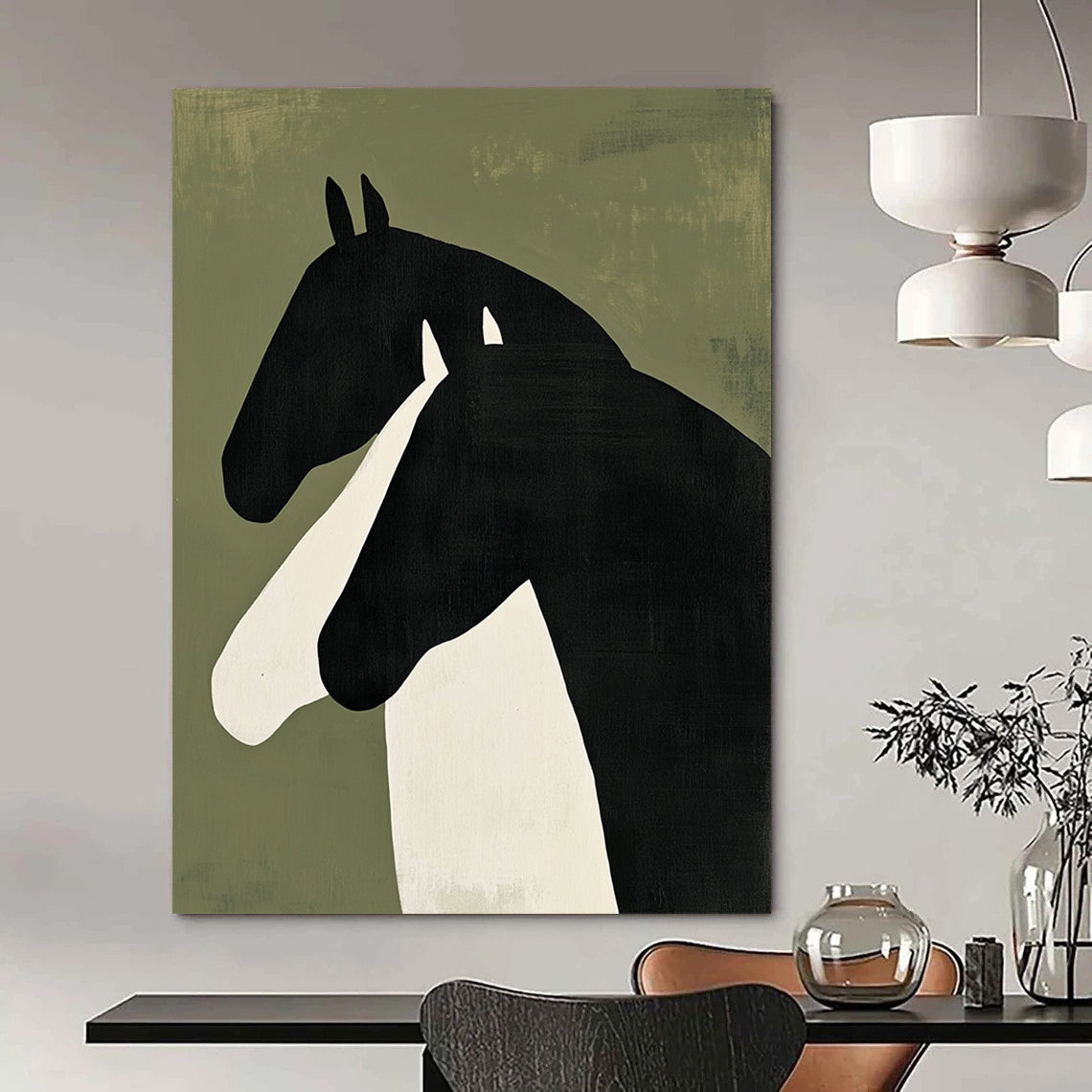 Contemporary abstract painting featuring two horses in profile – bold black shapes with white accents on green background, creating a striking minimalist visual. DLZ1325