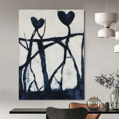 Contemporary hand-painted abstract artwork featuring dynamic black shapes, intricate patterns, and bold hearts against a pure white background. DLZ1398