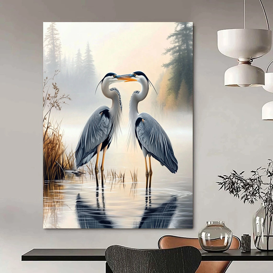 Contemporary hand-painted abstract art capturing two herons on a foggy lake with a lush forest backdrop, perfect for elevating any space. DLZ1718