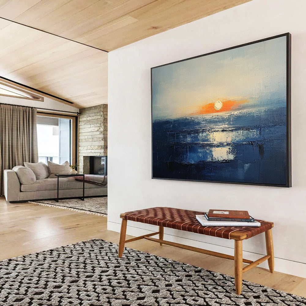 “Sunset Over the Sea” - Blue, Orange, White, Abstract Seascape Painting On Canvas HB1010