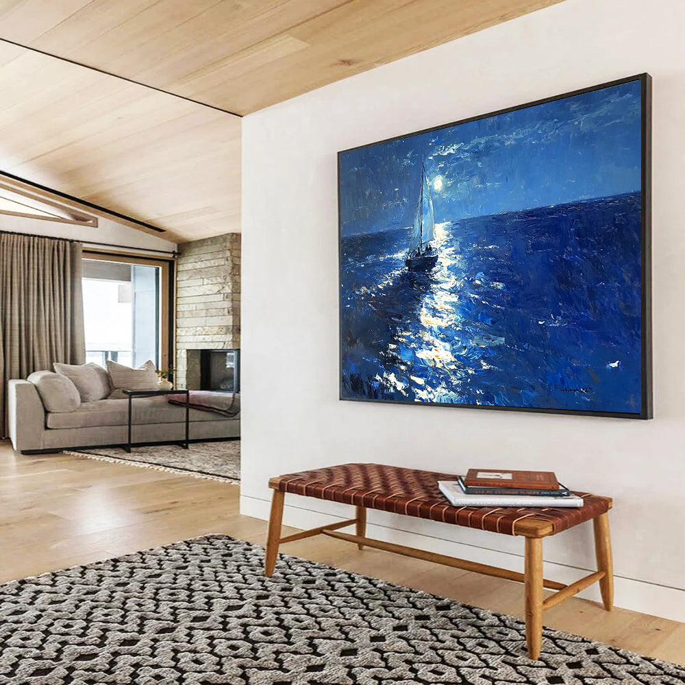 “Moonlit Sail on the Ocean” - Deep Blues, Silvers, Whites, Sailboat on Moonlit Sea - Luminist Oil Painting HB1695