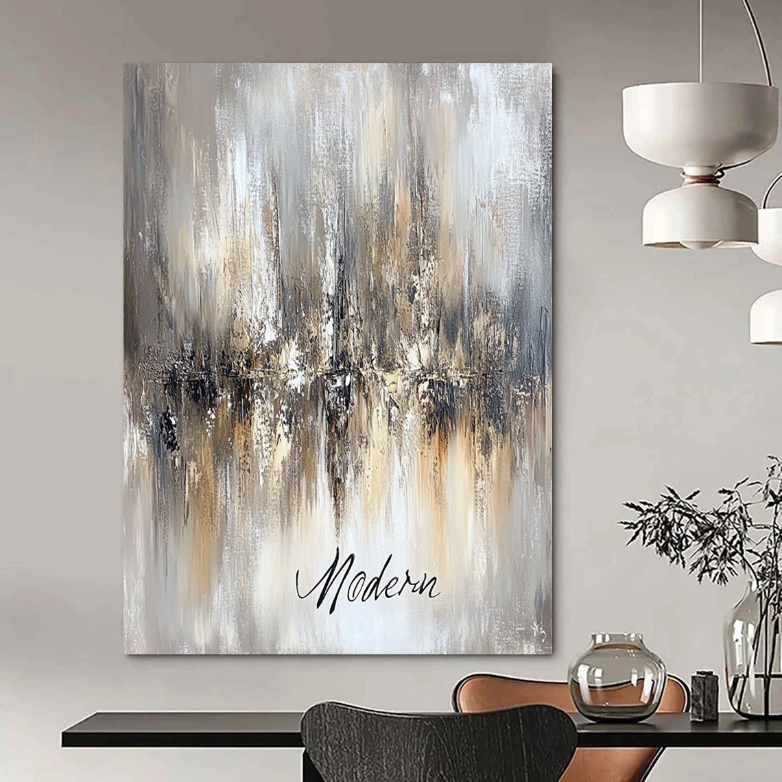 Contemporary abstract artwork featuring an ethereal chandelier in beige and grey tones with "Modern" in cursive on a canvas-textured background. DLZ0457