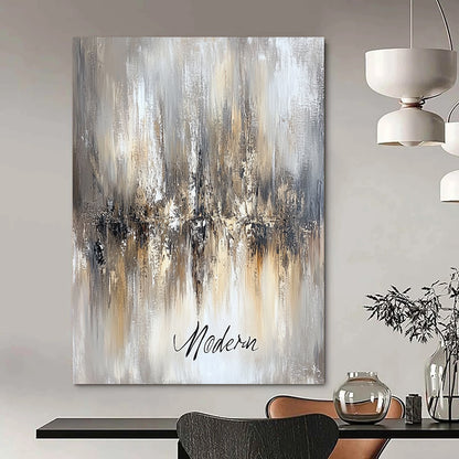 Contemporary abstract artwork featuring an ethereal chandelier in beige and grey tones with "Modern" in cursive on a canvas-textured background. DLZ0457