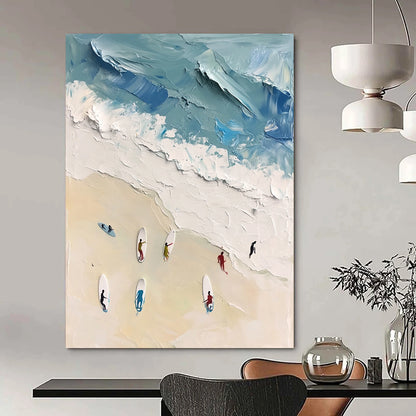 Large contemporary abstract artwork featuring vibrant acrylic colors capturing surfers in motion against a white sand beach backdrop in soft blues and greens. DLZ0842