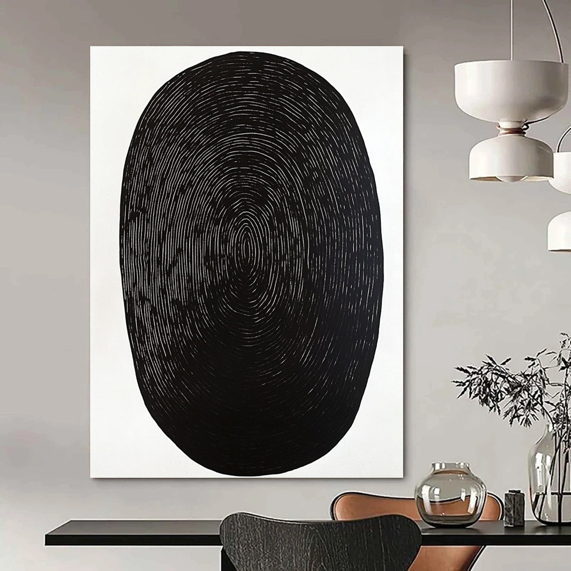 Contemporary abstract artwork featuring a black oval shape on a white background with minimal wood grain print emphasizing simplicity and elegance. DLZ1534