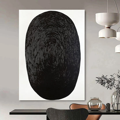 Contemporary abstract artwork featuring a black oval shape on a white background with minimal wood grain print emphasizing simplicity and elegance. DLZ1534