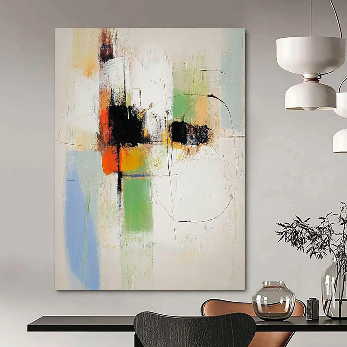 Contemporary abstract painting featuring bold colors and dynamic shapes designed to enhance modern spaces with artistic elegance. DLZ1777