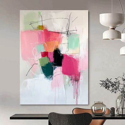 Large contemporary hand-painted abstract artwork featuring vibrant pinks and greens with expressive brush strokes and thick black line work adding depth. DLZ0907