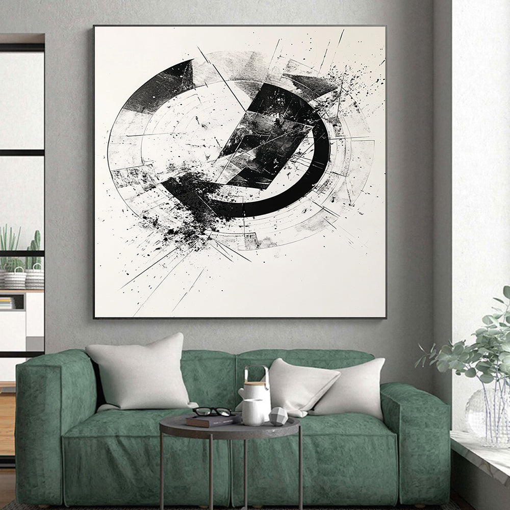 Black & Gray Geometric Circular Ink - “Structured Enso Fusion” Painting On Canvas HB243