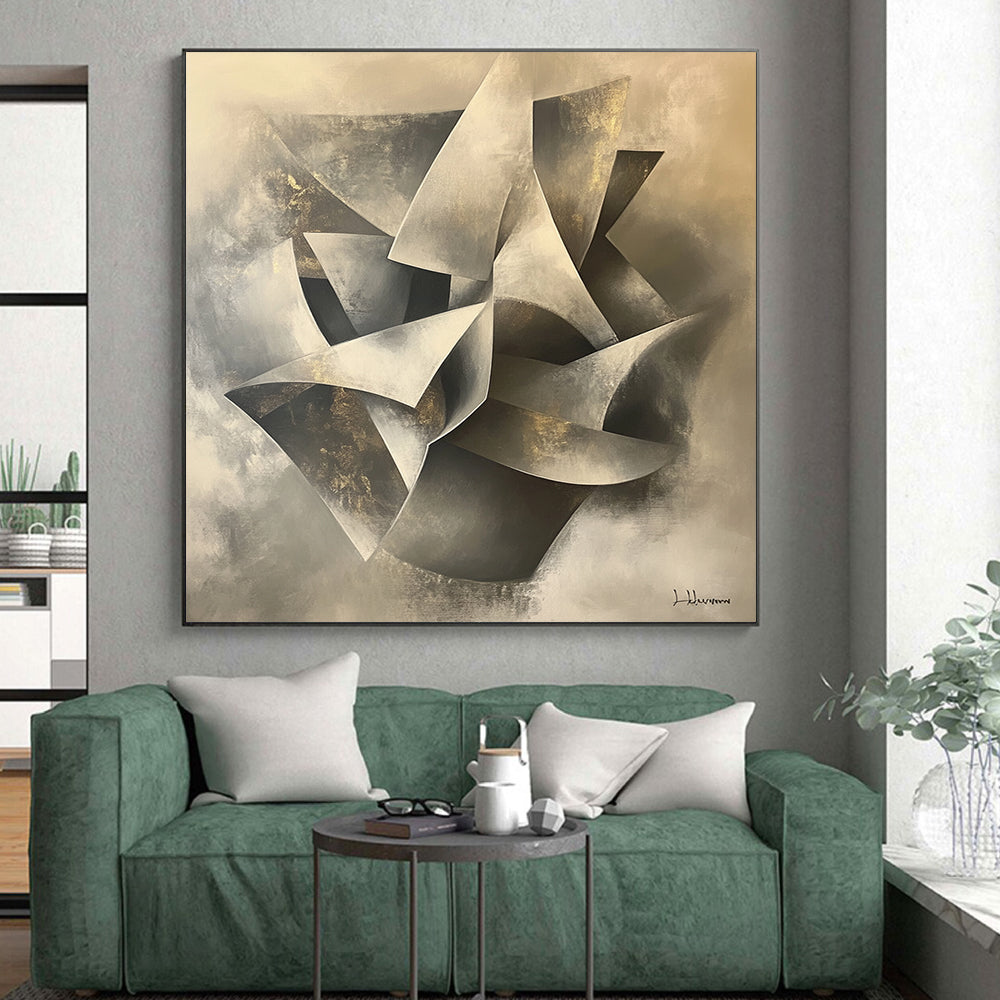 Gray, Silver, Gold and White Geometric Abstraction "Elegant Folds" Painting On Canvas HB394