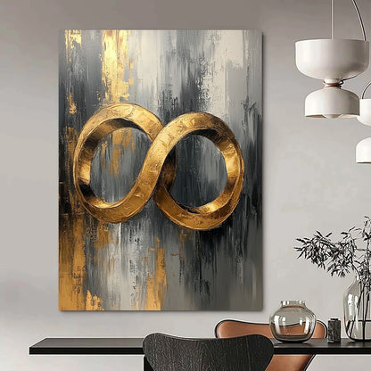 Contemporary abstract oil painting featuring golden rings in gray and white with gold leaf accents on canvas texture for a stunning UHD display. DLZ0482