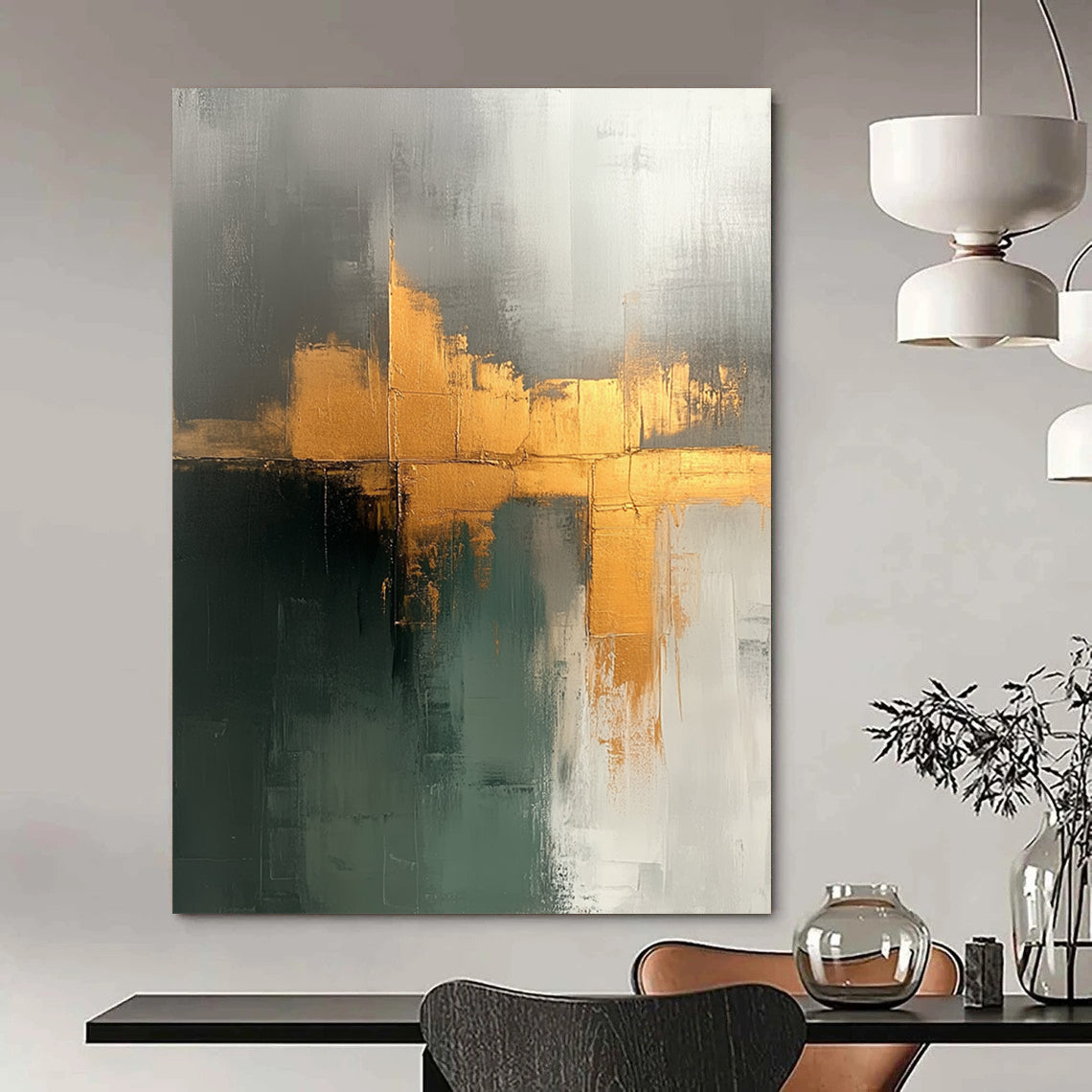 Contemporary hand-painted abstraction displaying beige sage green tones with elegant gold accents on canvas texture, perfect for modern decor. DLZ0943