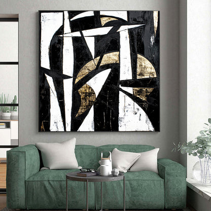 Black, White and Gold Geometric Abstraction "Timeless Contrast" Painting On Canvas HB338