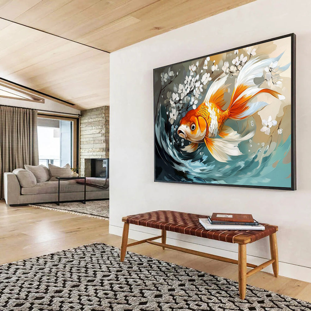 “Goldfish with White Blossoms” - Orange, White, Blue, Nature Scene with Fish - Digital Art HB1650