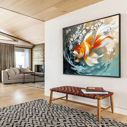 “Goldfish with White Blossoms” - Orange, White, Blue, Nature Scene with Fish - Digital Art HB1650