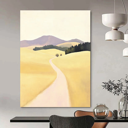 Contemporary hand-painted abstract artwork featuring a serene rural road in New Zealand with rolling hills in soft yellow tones and minimalistic design. DLZ1099
