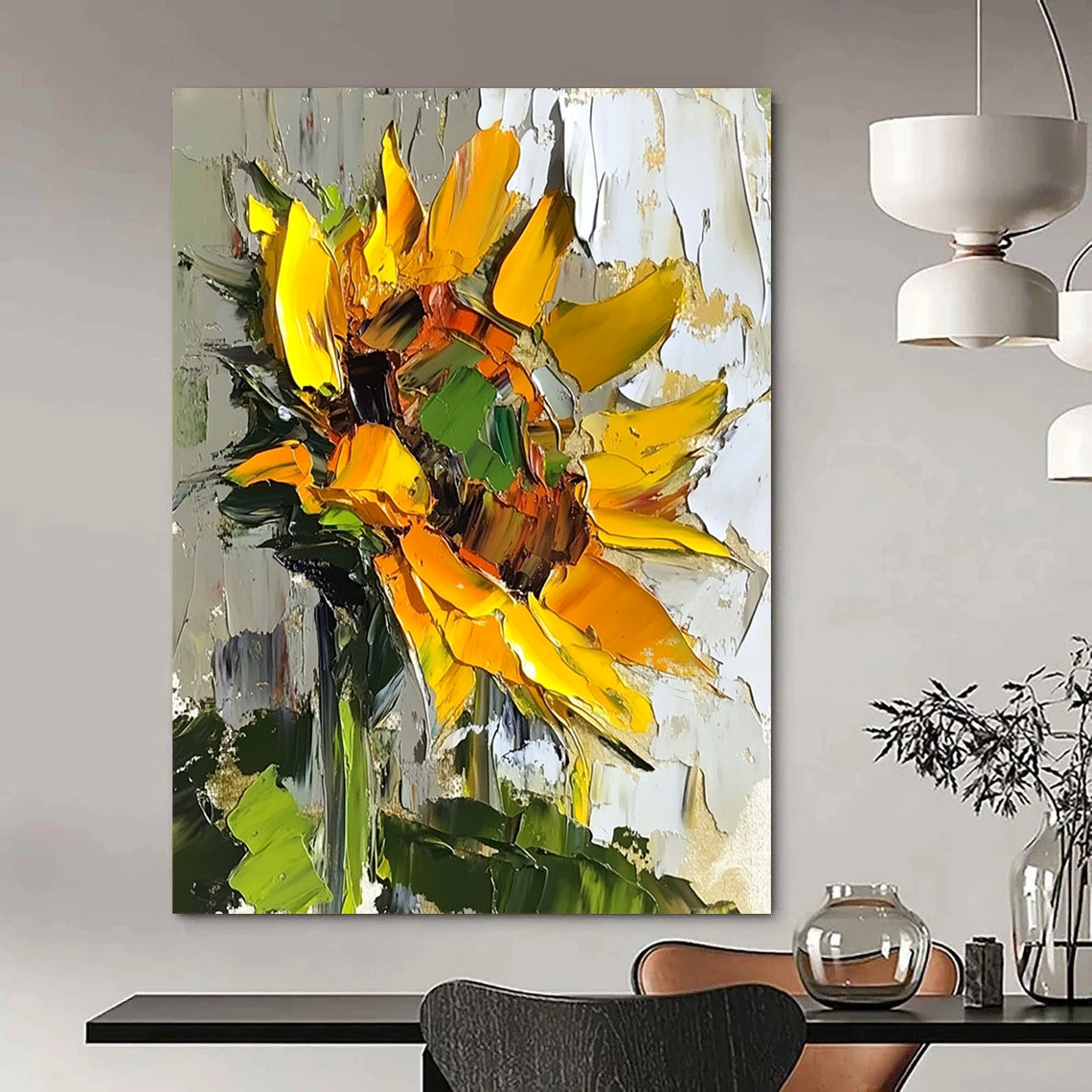 Vibrant abstract sunflower oil painting with bold brush strokes and textured surface in natural light against a soft green leaf backdrop. DLZ1664