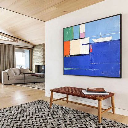 “Colorful Coastal Cubes” - Blue, Green, Orange, Pink, Abstract Cubist Coastal Painting On Canvas HB1075