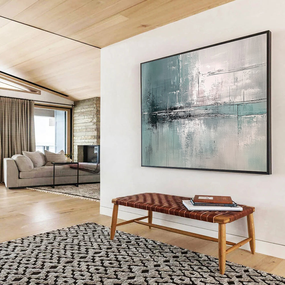 “Teal Gray Abstract Reflections” - Teal, Gray, White, Textured Forms - Painting On Canvas HB1422