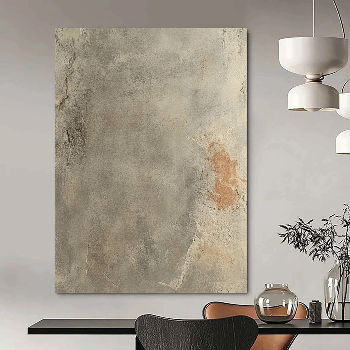 Contemporary hand-painted abstract art showcasing a textured gray concrete floor with rust accents and a soft gradient, emphasizing the beauty of aged surfaces. DLZ1485