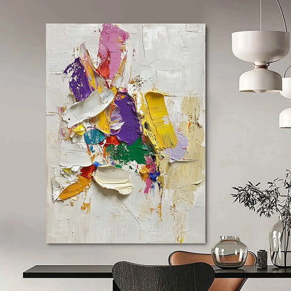 Contemporary hand-painted abstract art features vibrant paint strokes and thick oil textures on a white background with intricate details and soft edges. DLZ0578