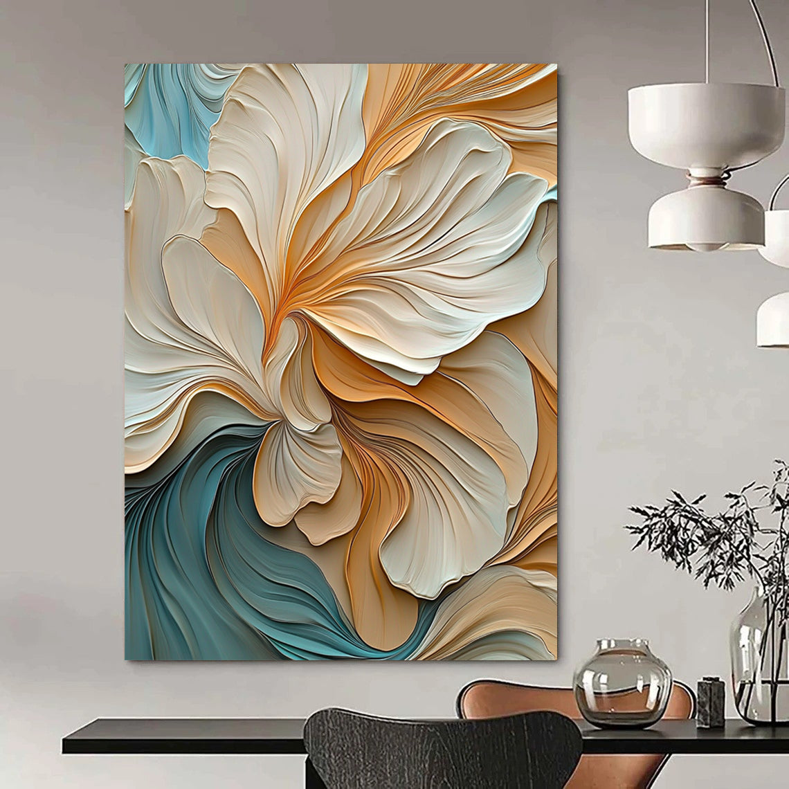 Contemporary abstract artwork featuring elegant warm colors with detailed leaves soft edges and flowing lines in ultra-high definition. DLZ0385