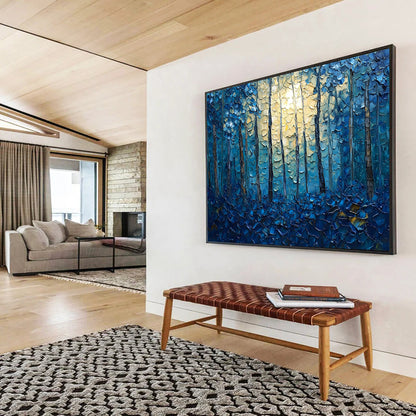 “Moonlit Forest in Blue” - Blues, Yellows, Browns, Textured Forest Scene - Impasto Landscape Painting HB1557