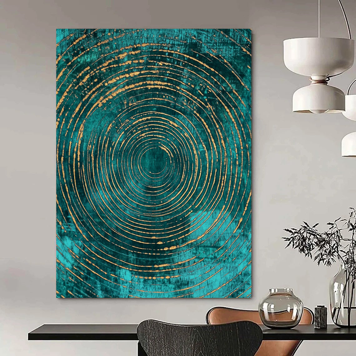 Contemporary art features abstract pattern with teal and gold concentric circles on a dark turquoise background, adding elegance to any space. DLZ1483