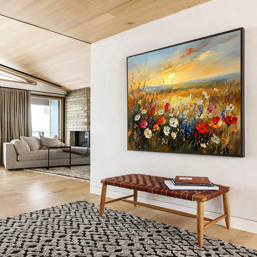 “Wildflower Meadow at Sunset” - Vivid Pinks, Purples, Yellows, Colorful Wildflower Field - Impressionist Oil Painting HB1687