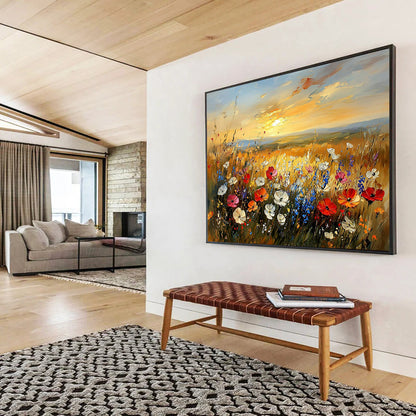 “Wildflower Meadow at Sunset” - Vivid Pinks, Purples, Yellows, Colorful Wildflower Field - Impressionist Oil Painting HB1687