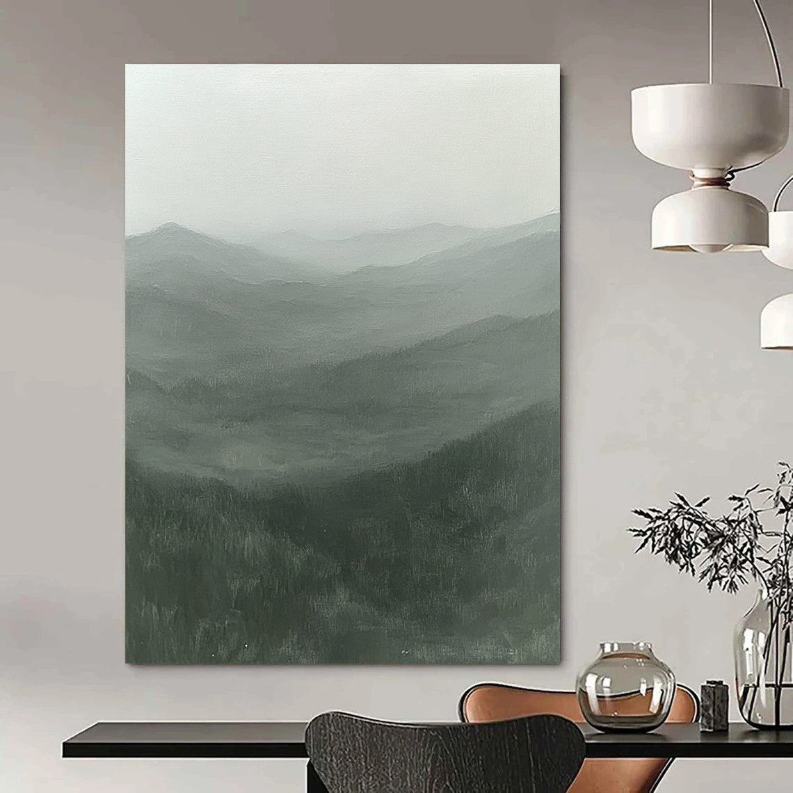Contemporary hand-painted abstract artwork showcasing misty rugged mountains in serene greens and grays with an ethereal light, inviting solitude and mystery. DLZ0845