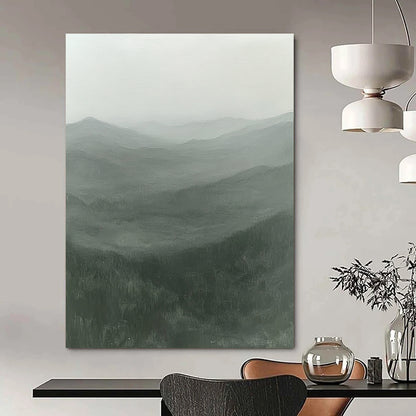 Contemporary hand-painted abstract artwork showcasing misty rugged mountains in serene greens and grays with an ethereal light, inviting solitude and mystery. DLZ0845