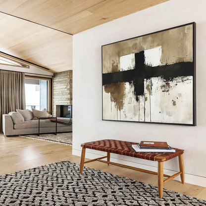 “Minimalist Cross in Earth Tones” - Black, Brown, White, Simplified Cross with Dripping Effects - Abstract Ink - style Painting HB1767