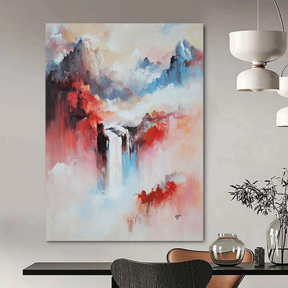 Large contemporary abstract painting featuring a mountainous Chinese landscape with a vibrant waterfall in pink and red tones. DLZ0605