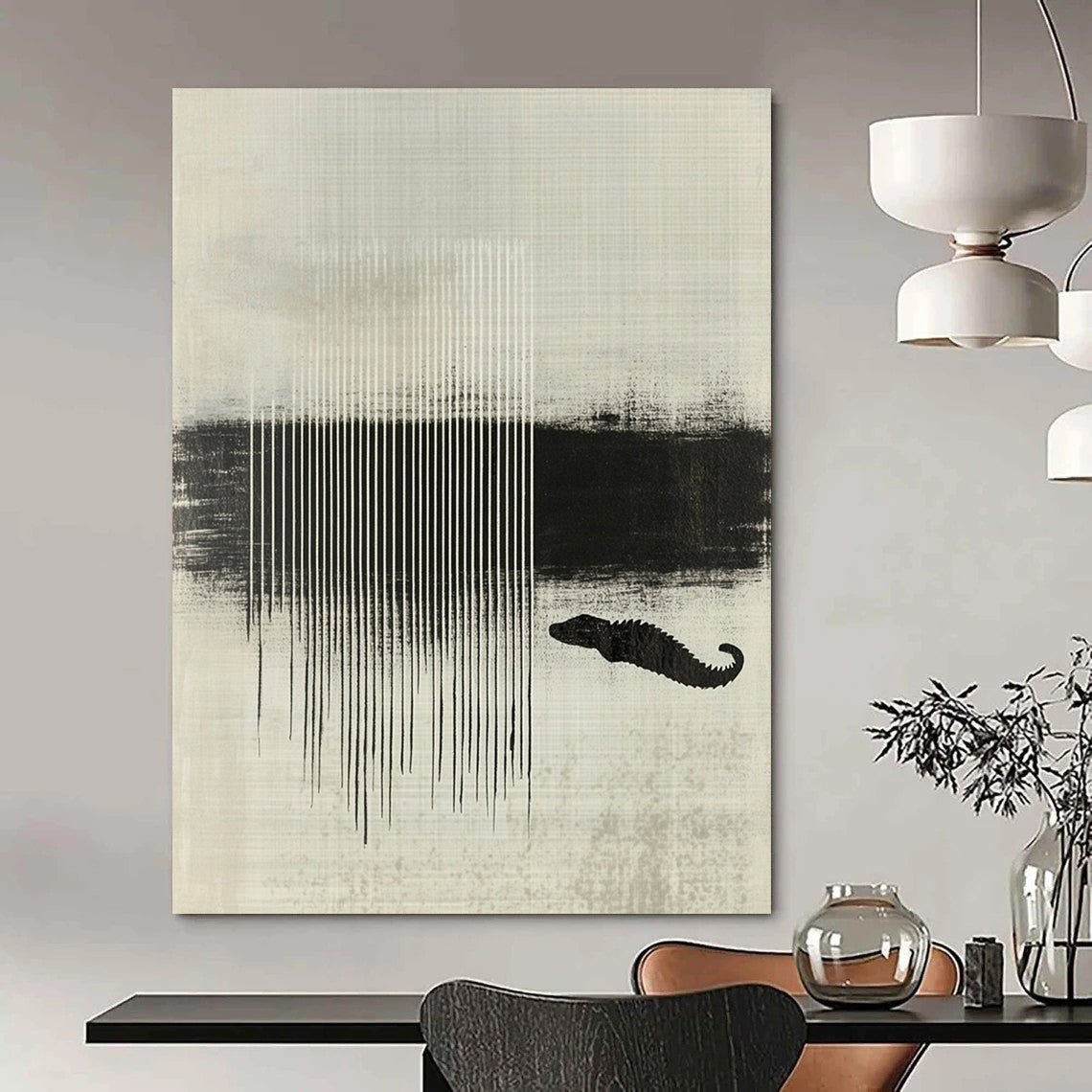 Contemporary abstract artwork featuring black and white stripes layered with textures and a crocodile silhouette enhancing minimalist aesthetic. DLZ1438