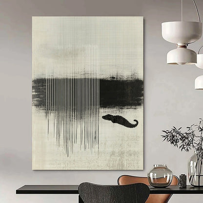 Contemporary abstract artwork featuring black and white stripes layered with textures and a crocodile silhouette enhancing minimalist aesthetic. DLZ1438