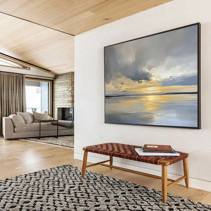 “Sunset Over Calm Waters” - Gray, Gold, Blue, Abstract Landscape Painting On Canvas HB0676