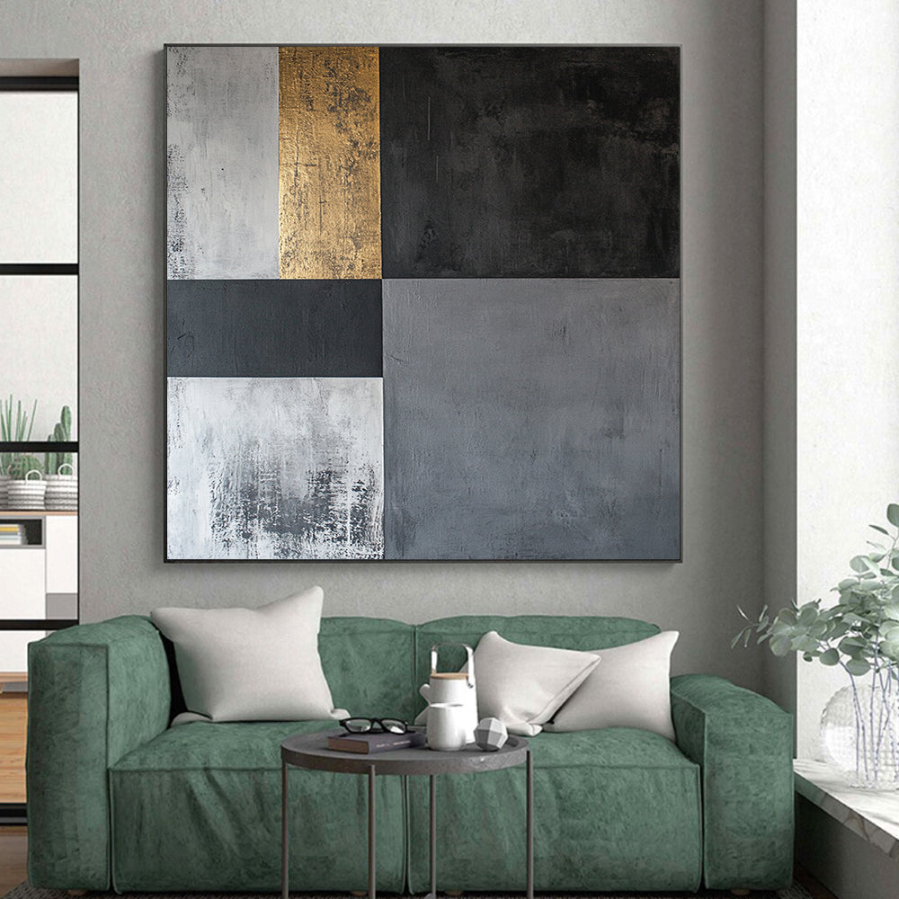 Black, Gray, White and Gold Geometric Squares "Elegant Geometry" Painting On Canvas HB352