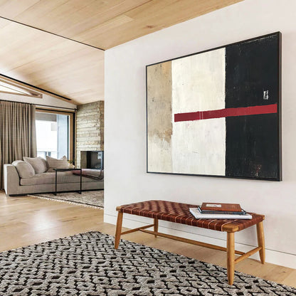 “Minimalist Color Divide” - Beige, White, Black, Red, Horizontal Stripe - Painting On Canvas HB1441