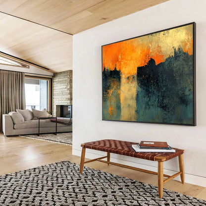“Orange Sunset City Silhouette” - Orange, Blue, Black, Abstract Dramatic City Sunset Painting On Canvas HB1095
