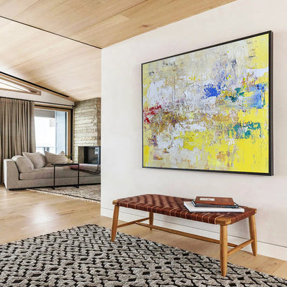 “Yellow - Based Abstract Textures” - Yellow, White, Colorful Splashes - Painting On Canvas HB1407