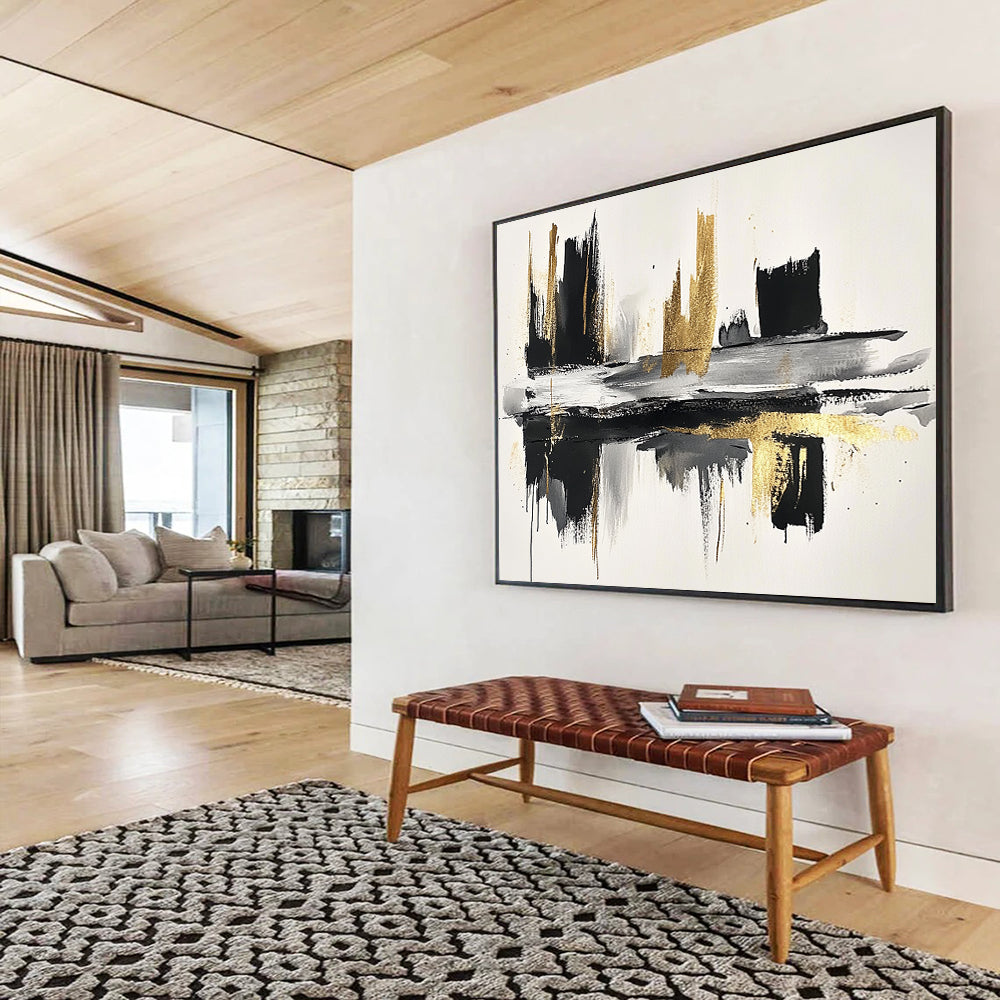 “Black - Gold Brushstroke Reflection” - Black, Gold, Reflective Abstract Cityscape Painting On Canvas HB0792