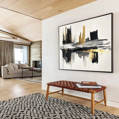 “Black - Gold Brushstroke Reflection” - Black, Gold, Reflective Abstract Cityscape Painting On Canvas HB0792