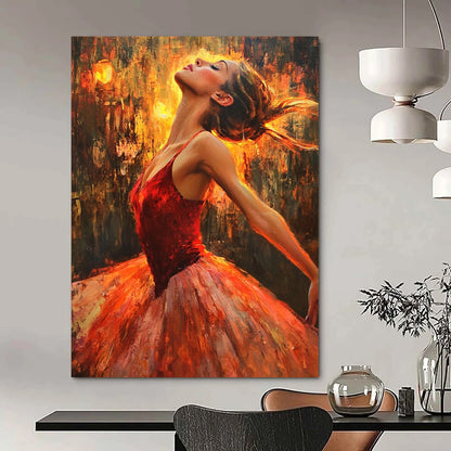 Contemporary hand-painted artwork capturing a ballerina in red dancing gracefully amidst firelight, with a focus on her expressive face. DLZ1091