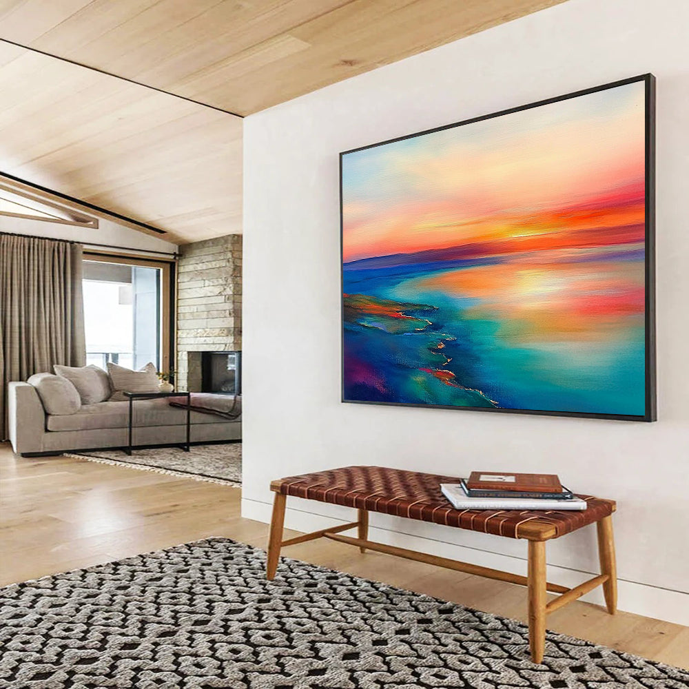 Abstract Coastal Sunset - Color - Field Landscape Oil Painting On Canvas HB0478