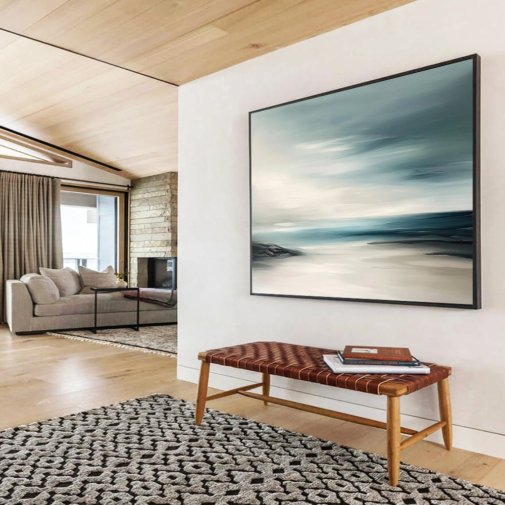 “Abstract Coastal Horizons” - Teal, White, Abstract Coastal Painting On Canvas HB0701